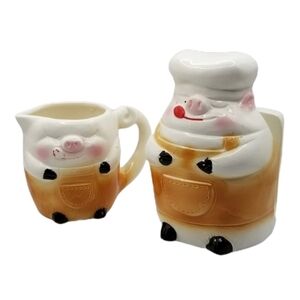 Vintage Ceramic Napkin Holder Creamer Set Pigs Mid-Century Anthropomorphic Japan